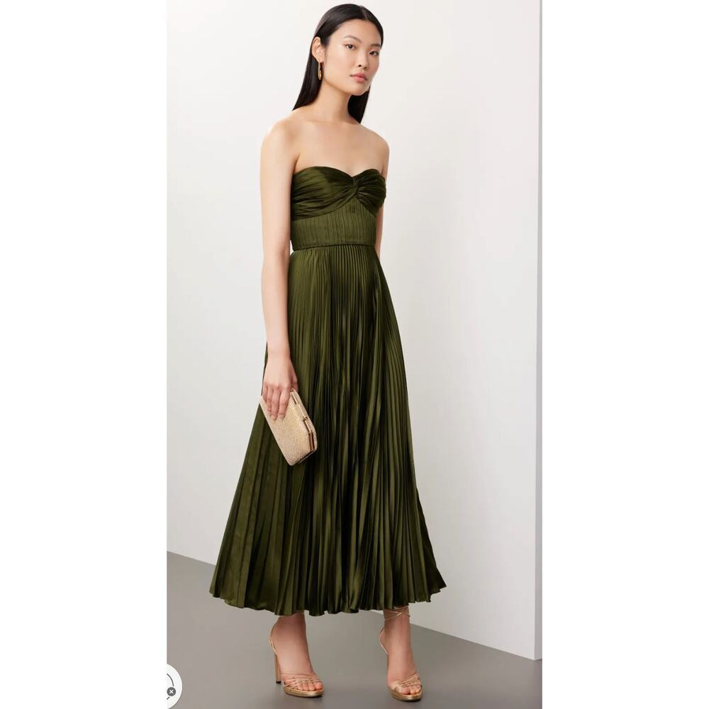 AMUR Olive Strapless Pleated Midi Dress